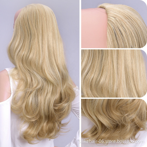 Silike 210g 24 Inch Wavy 3/4 Half Wig Long Synthetic Hair Extensions Ombre Blonde Capless Wigs Hair Clips Extension For Women